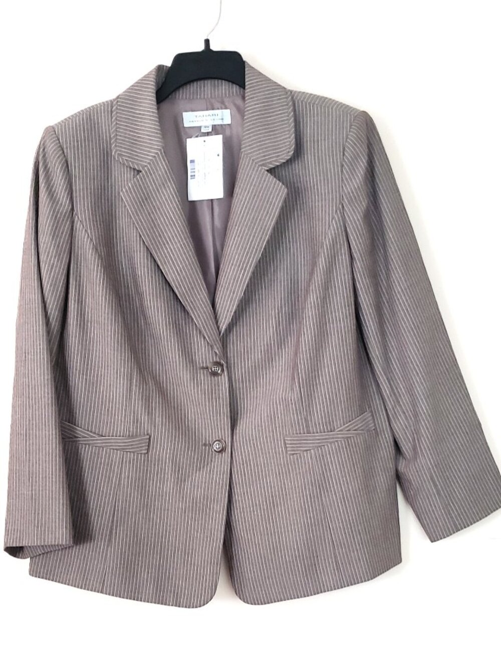 Tahari ASL Women's Size 16W Beige Striped Blazer Lined Two Buttons Business Offi